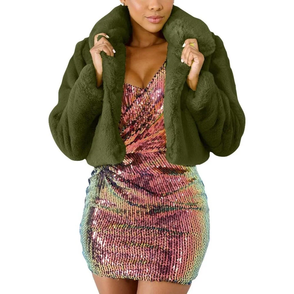 Women's Winter Faux Fur Long Sleeve Jacket Shaggy Open Front Cardigan Army Green - Picture 3 of 6